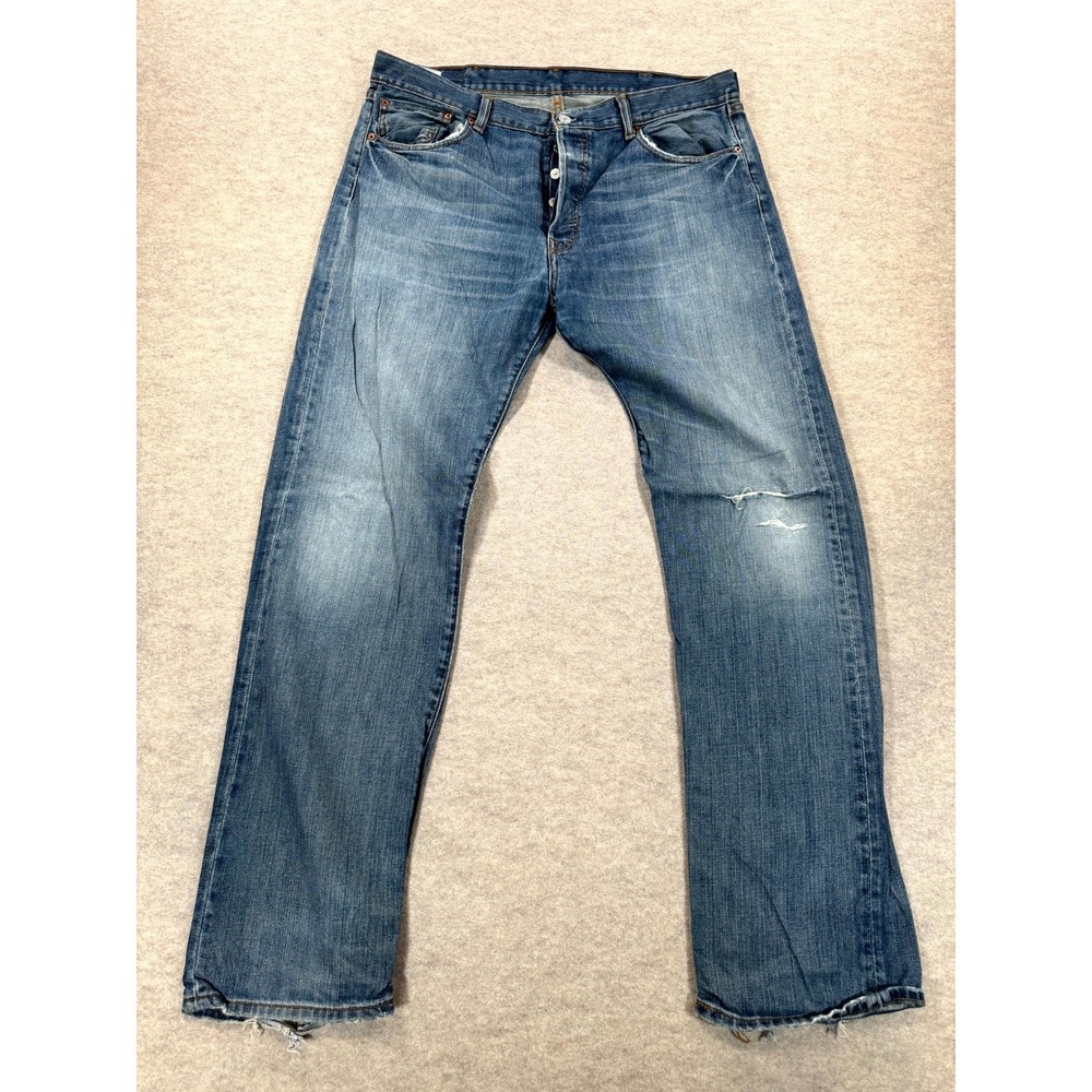 Levis 501 Jeans Mens 38x34 Blue Whiskering Straight Leg Distressed 00501-0953